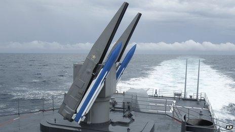 Surface-to-air missiles on the rear of a Taiwan destroyer off the coast of Taiwan 16 May 2013