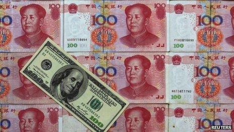 Yuan notes and 100 dollar bill