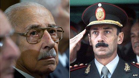 Jorge Videla in the courtroom, left, and in an undated file photograph