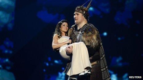 Zlata Ognevich of the Ukraine is carried on stage by Igor Vovkovinskiy to perform at the final of the 2013 Eurovision Song Contest at the Malmo Opera Hall, Malmo, Sweden, on 18 May