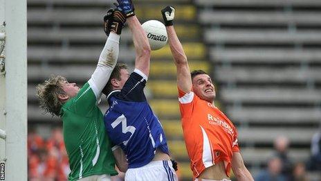 Cavan keeper Conor Gilsenan, Rory Dunne and Stephen Harold contest a high ball