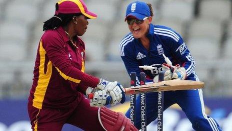 West Indies' Juliana Nero is stumped by England's Sarah Taylor