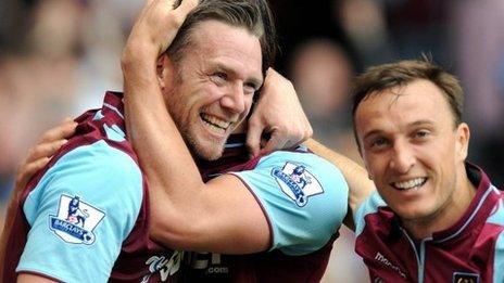 West Ham United's Kevin Nolan (left) is congratulated by his team-mate after opening the scoring