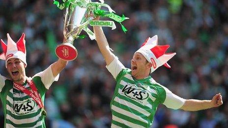 Yeovil players Sam Foley and Gavin Williams celebrate promotion to the Championship