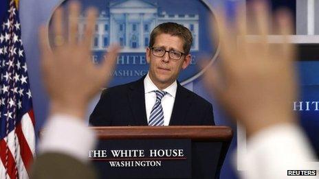 White House press secretary Jay Carney is questioned by the press during the daily briefing at the White House in Washington, 20 May 2013