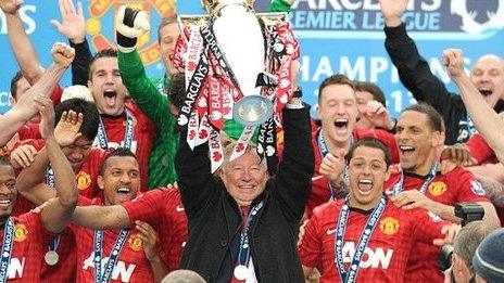 Sir Alex Ferguson lifts the Premier League trophy