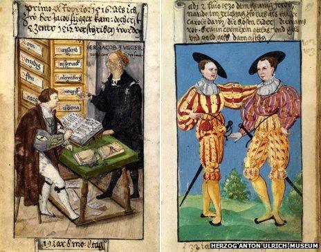 Scenes from the Schwarz Book of Clothes showing Schwarz at work as an accountant (left) and in a celebratory doublet he had made for the return of the Holy Roman Emperor Charles V to Germany