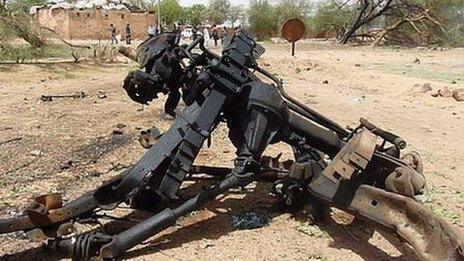 Twisted debris outside the military camp in Agadez. 23 May 2013