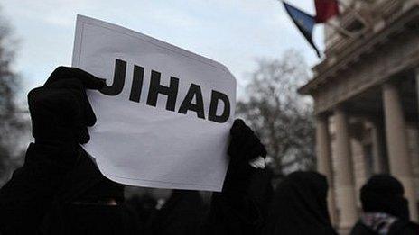 Jihad sign at protest against French action in Mali