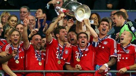 Bayern Munich celebrate winning the Champions League final at Wembley after beating Borussia Dortmund