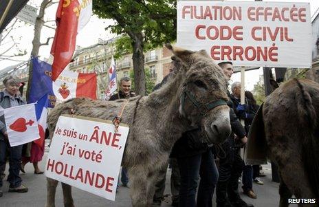 Demonstrators accompanied by donkeys in Paris, 26 May