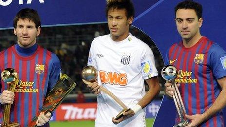 Lionel Messi (left), Neymar and Xavi