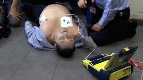 Training exercise on how to use an automatic electronic defibrillator (AED)