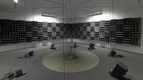 Haroon Mirza, Adam, Eve and a UFO , 2013, Active speakers, UFO circuit, cables. Courtesy the artist and Lisson Gallery