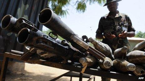 Arms and ammunitions recovered from Islamist insurgent during a clash with soldiers in the remote northeast town of Baga, Borno state