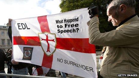 Members of the English Defence League protest outside the Houses of Parliament in London in 2012.