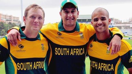 South Africa's Colin Ingram, Rory Klenveldt and JP Duminy in their new Champions Trophy shirts