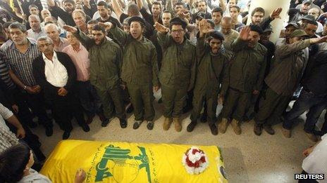 Supporters of Hezbollah and relatives of Saleh Ahmed Sabagh, a Hezbollah member, gesture during his funeral