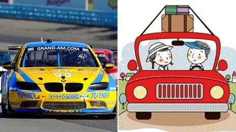 Composite image of a BMW M3 sports car racing at Watkins Glen in the US and a generic cartoon car