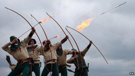 Purbrook Bowmen fire a volley of flaming arrows from Southsea Castle