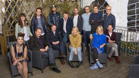 The BBC's Glastonbury 2013 presenter line-up: (l to r) Gemma Cairney, Jen Long, Mark Radcliffe, Nick Grimshaw, Dermot O'Leary, DJ Target, Stuart Maconie, Lauren Laverne, Zane Lowe, Huw Stephens, Greg James, Jo Whiley, Chris Evans, Steve Lamacq