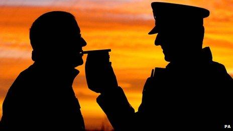 Silhouette of person being breath tested by a police officer