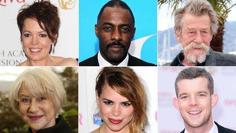 Clockwise from top left: Olivia Colman, Idris Elba, John Hurt, Dame Helen Mirren, Billie Piper, Russell Tovey