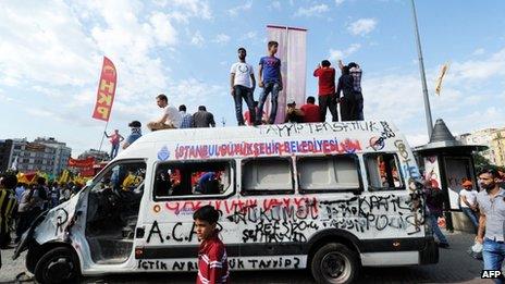 Protesters gather in Taksim Square for a third day of protests on 2 June