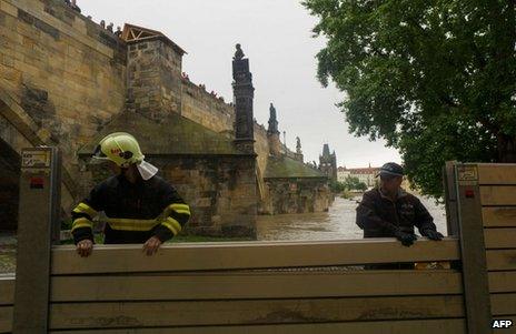 Anti-flood barriers are erected on the left bank of the River Vltava in Prague, 2 June