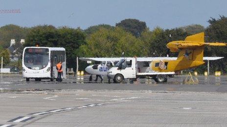 Guernsey Airport project: Bus being used to ferry passengers to a plane