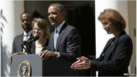 From left: Robert Wilkins, Cornelia Pillard, Barack Obama and Patricia Millett in the White House Rose Garden, Washington DC 4 June 2013