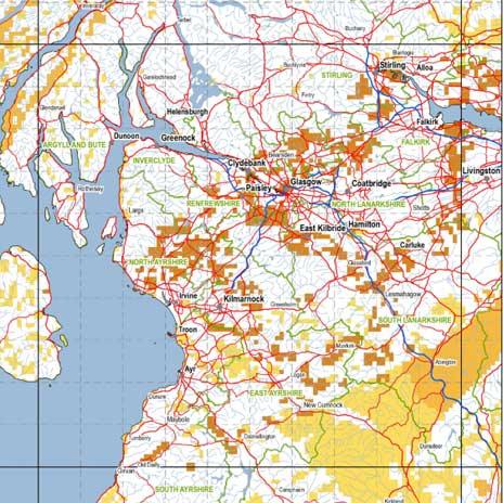 The darker orange areas show the higher probability of radon gas