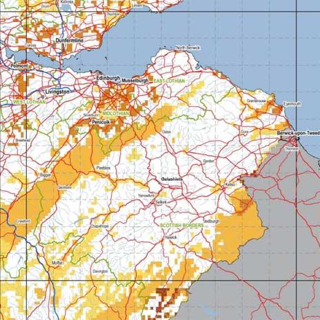 The darker orange areas show the higher probability of radon gas