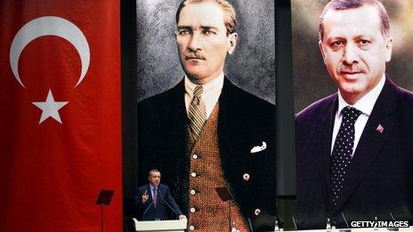 Turkish Prime Minister Recep Tayyip Erdogan stands in front of giant portraits of himself and Ataturk as he addresses AK party members, 24 May 2013