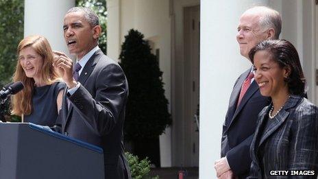 From left: Samantha Power, President Barack Obama, Tom Donilon and Susan Rice in the White House Rose Garden, Washington DC 5 June 2013