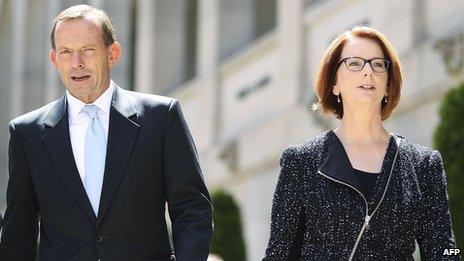 Tony Abbott and Julia Gillard, pictured on 5 February 2013