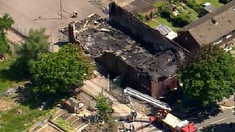 Aerial view of the fire at Al-Rahma Islamic Centre