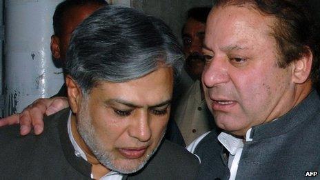 Nawaz Sharif (right) with newly appointed finance minister Ishaq Dar (June 2008)
