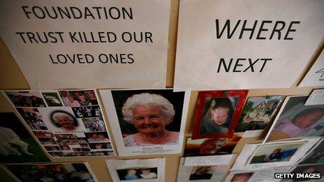 A memorial gallery of patients who died at Stafford General Hospital is affixed on the wall at the headquarters of campaign group Cure the NHS in 2009