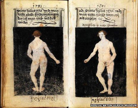 Pages from the manuscript depicting Schwarz naked from the rear and front