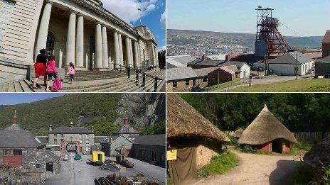 Clockwise: National Museum Cardiff, Big Pit, Blaenavon, St Fagans National History Museum, National Slate Museum, Llanberis