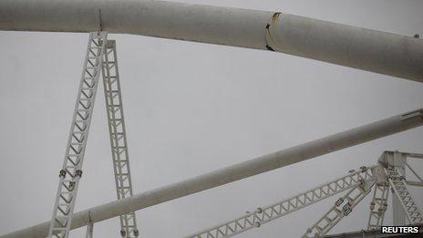 Badly conserved structures of the roof of the Joao Havelange stadium