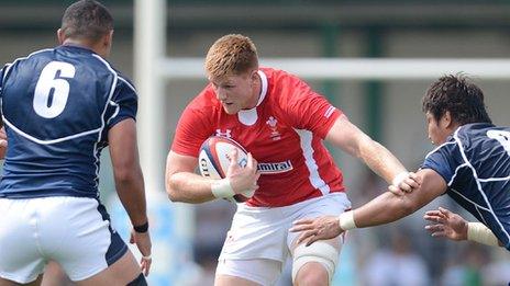 Wales flanker Andrew Coombs takes on Japan