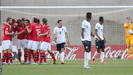 Fredrik Semb Berge of Norway celebrates scoring the first goal against England Under-21s