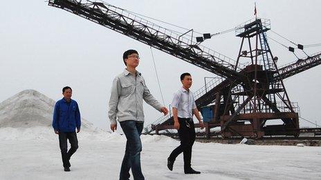 Workers walking on a salt field in China