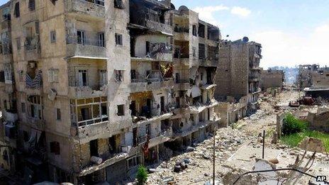 Image supplied by activists purportedly showing war-damaged buildings in Aleppo (5 June 2013)