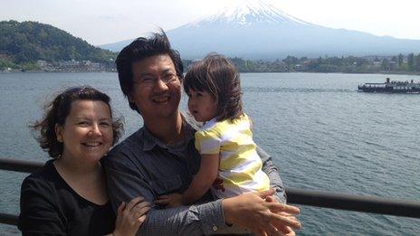 Gillian Hudson, Tsuyoshi Okuma and Hazel Okuma in front of Mount Fuji