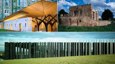 Clockwise from top left: Chapel of Saint Albert the Great, Edinburgh; Astley Castle in Nuneaton, Warwickshire; Visitor centre at the Giant's Causeway in Northern Ireland