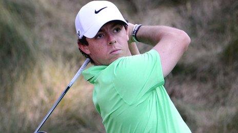 Rory McIlroy drives during practice at Merion on Wednesday