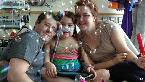 Sarah Murnaghan, centre, celebrates the 100th day of her stay in Children's Hospital 30 May 2013